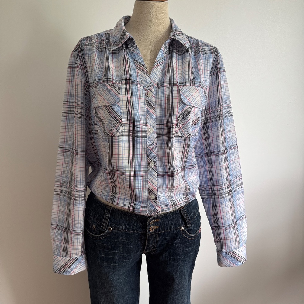 Jones New York Signature - Blue and Pink Checkered White Blouse with Long Sleeve